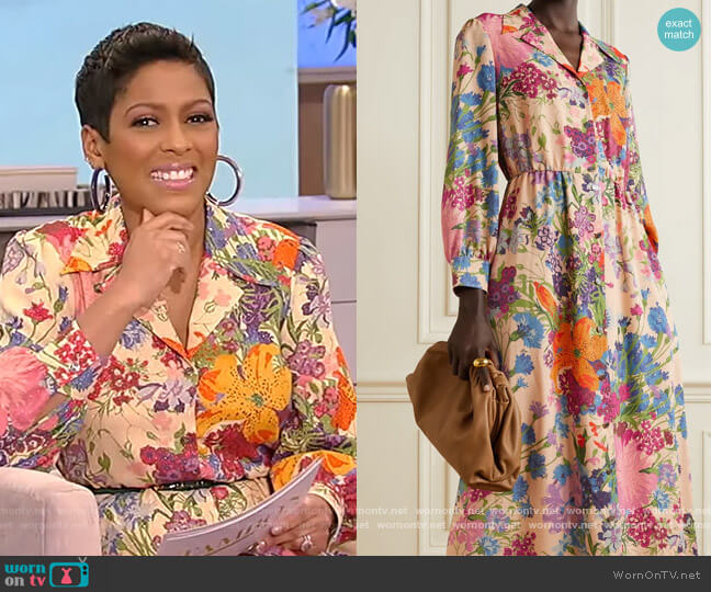 Gucci + Ken Scott appliquéd floral-print metallic georgette shirt dress worn by Tamron Hall on Tamron Hall Show
