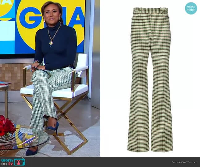 Victoria Beckham High-Rise Slim Flare Check Trousers worn by Robin Roberts on Good Morning America
