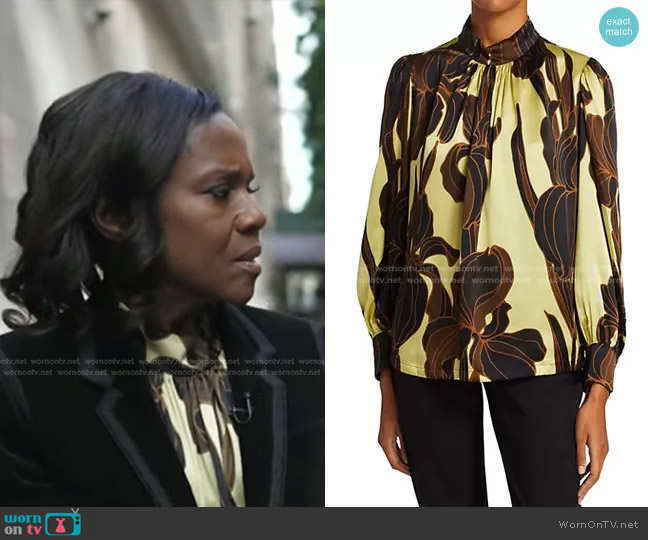 Dries Van Noten Iris Print Silk Shirt worn by Deborah Roberts on Good Morning America