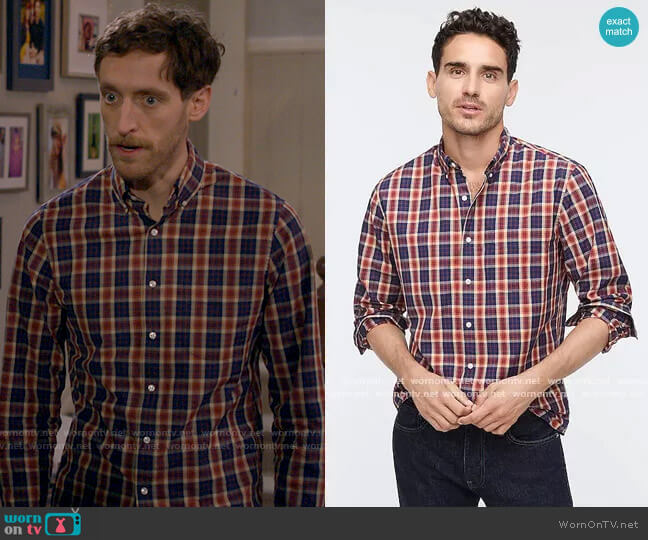 J. Crew Slim Stretch Secret Wash Cotton Poplin Shirt In Plaid worn by Drew Dunbar (Thomas Middleditch) on B Positive
