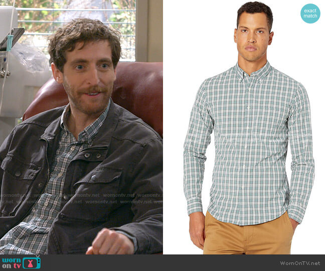 J. Crew Slim Stretch Secret Wash Shirt in Study Club Plaid Organic Cotton worn by Drew Dunbar (Thomas Middleditch) on B Positive