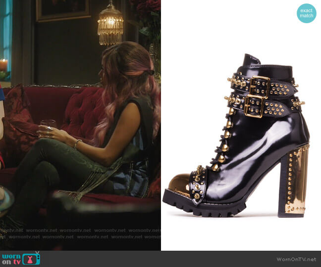Jeffrey Campbell Scorpius Black Box Leather Gold Metal Rocker Lace-up bootie worn by Toni Topaz (Vanessa Morgan) on Riverdale