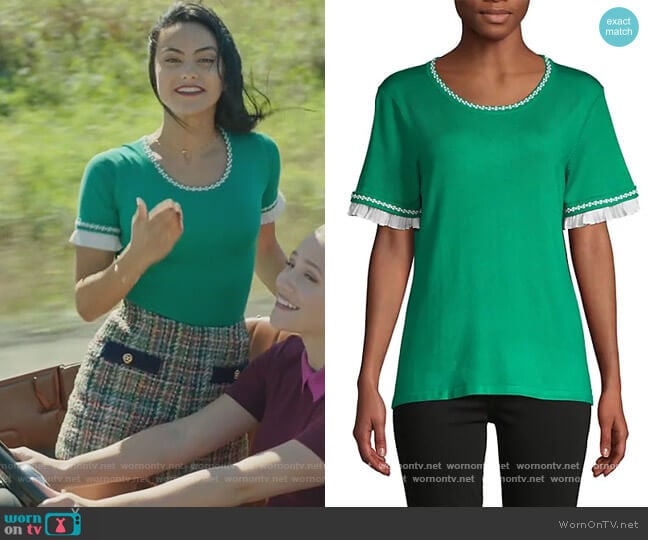 Karl Lagerfeld Paris Ruffle & Embroidery-Trim Short-Sleeve Sweater worn by Veronica Lodge (Camila Mendes) on Riverdale
