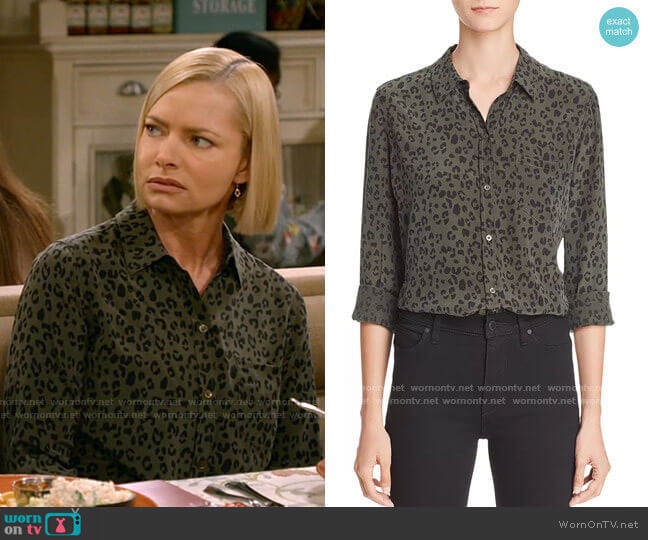 Rails Kate Silk Shirt in Olive Cheetah worn by Jill Kendall (Jaime Pressly) on Mom