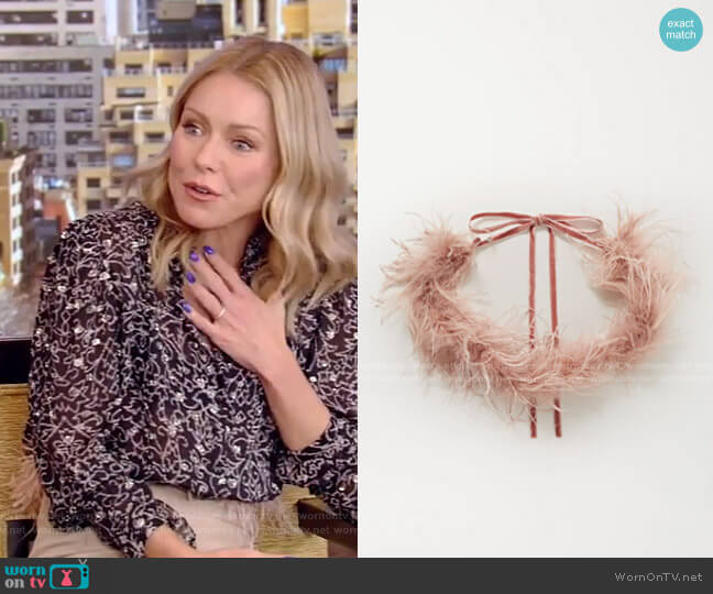 Loeffler Randall Valentine Feather-Embellished Velvet Belt worn by Kelly Ripa on Live with Kelly and Mark