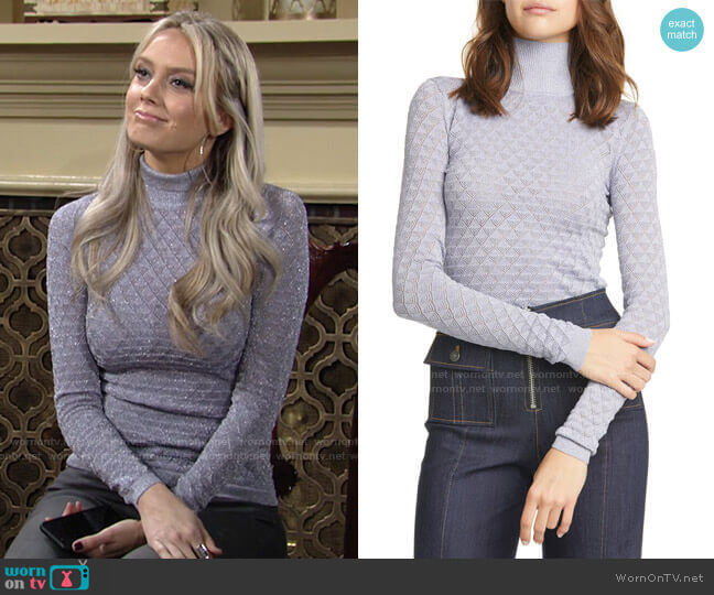 Cinq a Sept Lilette Metallic Pointelle Turtleneck worn by Abby Newman (Melissa Ordway) on The Young and the Restless