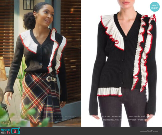 MSGM Black Cardigan with Contrasting Ruffle worn by Zoey Johnson (Yara Shahidi) on Grown-ish