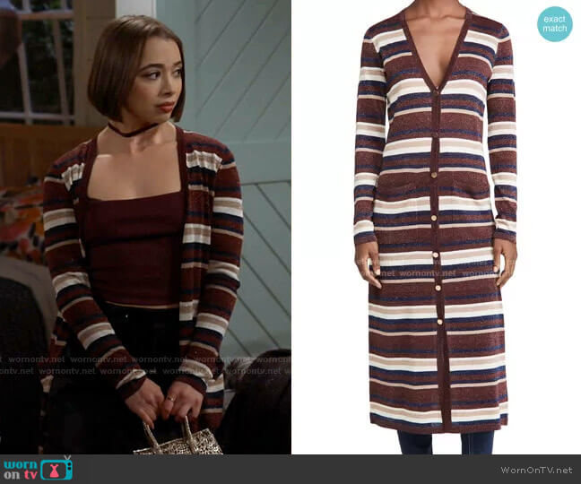 L'Agence Metallic Stripe Cardigan worn by Celia (Emma Caymares) on Call Your Mother