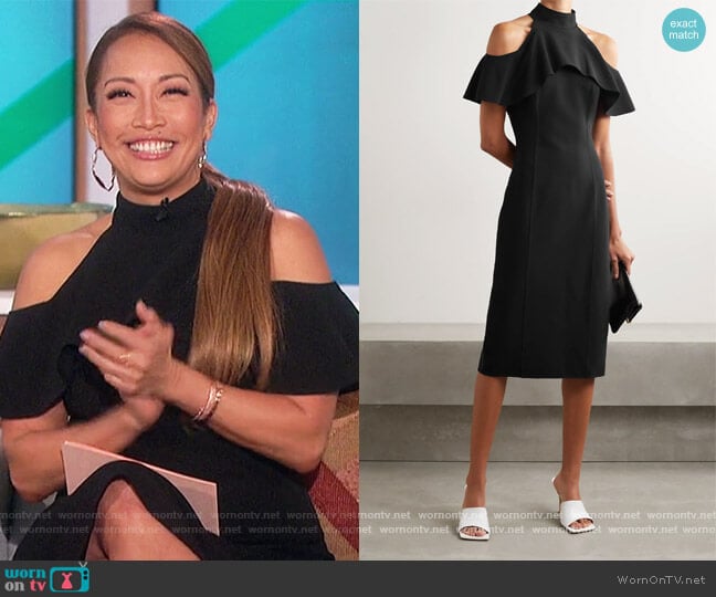 Michael Kors Cold-shoulder ruffled stretch-wool midi dress worn by Carrie Inaba on The Talk