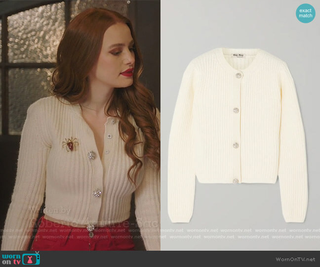 Miu Miu Cropped Crystal-embellished Ribbed Cashmere Cardigan worn by Cheryl Blossom (Madelaine Petsch) on Riverdale