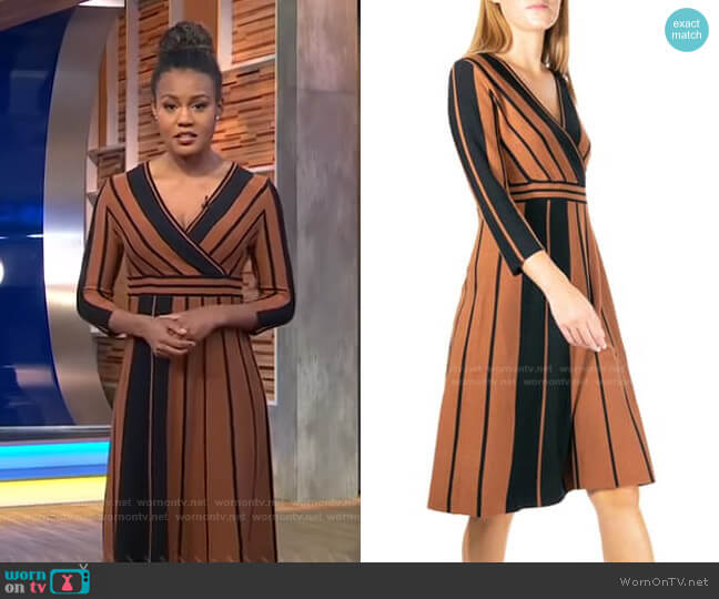 Nina Leonard Stripe Surplice Neck Fit & Flare Dress worn by Janai Norman on Good Morning America