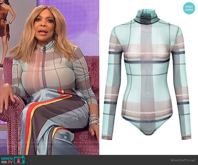 Fenoel Caribbean Mint Plaid Bodysuit worn by Wendy Williams on The Wendy Williams Show