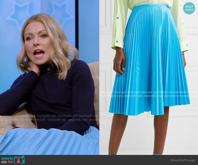 Cedric Charlier Pleated Faux Leather Skirt worn by Kelly Ripa on Live with Kelly and Mark