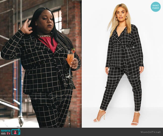 Boohoo Plus Grid Check Blazer & Pants Two-Piece worn by Mo (Alex Newell) on Zoeys Extraordinary Playlist