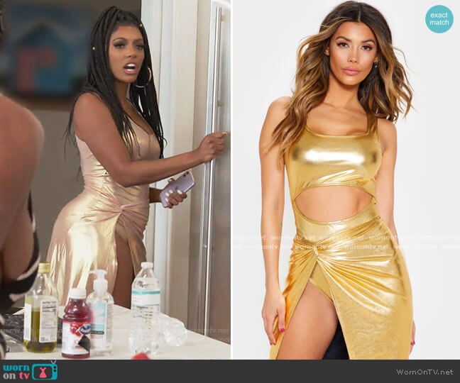 Pretty Little Thing Gold Metallic Slinky Neck Cutout Bodysuit worn by Porsha Williams on The Real Housewives of Atlanta