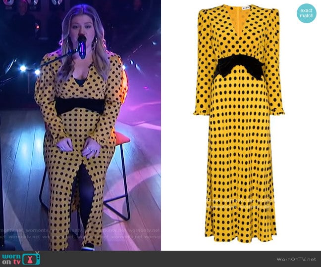 Rixo Elodie Polka Dot Bowtie Dress worn by Kelly Clarkson on The Kelly Clarkson Show