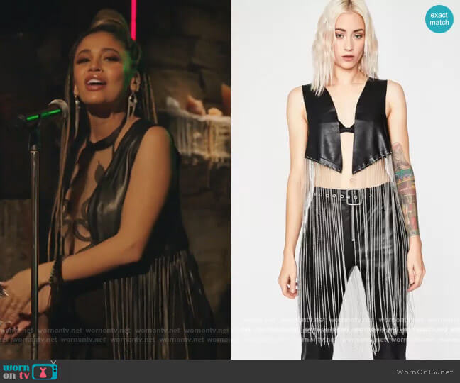 Dolls Kill Road House Wildin Fringe Vest worn by Toni Topaz (Vanessa Morgan) on Riverdale