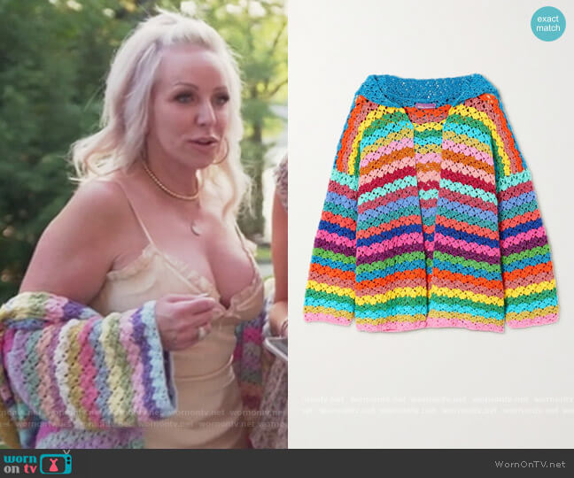Rose Carmine Hooded metallic striped crocheted cardigan worn by Margaret Josephs on The Real Housewives of New Jersey