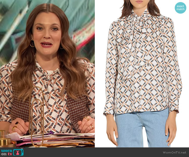 Sandro Sany Printed Silk Blouse worn by Drew Barrymore on The Drew Barrymore Show