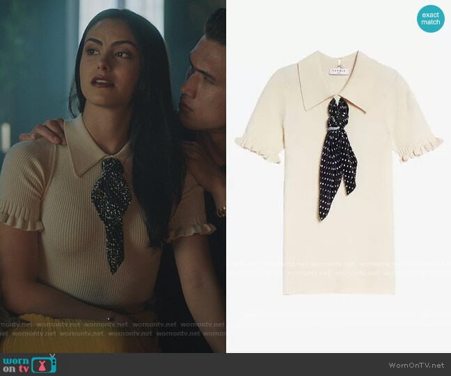 Sandro Tym contrast neck-tie wool-blend jumper worn by Veronica Lodge (Camila Mendes) on Riverdale