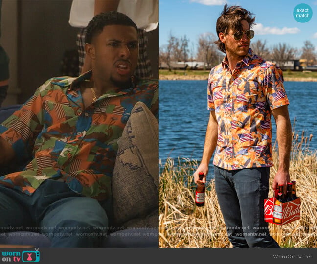Shinesty USA F-35 American Flag Hawaiian Shirt worn by Douglas Edwards (Diggy Simmons) on Grown-ish