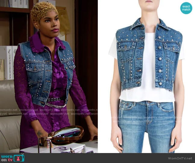 The Kooples Cropped Studded Denim Vest worn by Paris Buckingham (Diamond White) on The Bold and the Beautiful