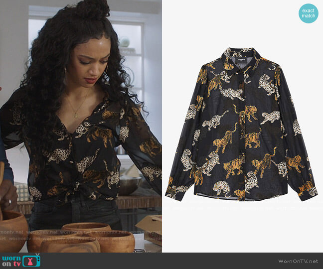 The Kooples Tiger-print semi-sheer chiffon shirt worn by Olivia Baker (Samantha Logan) on All American