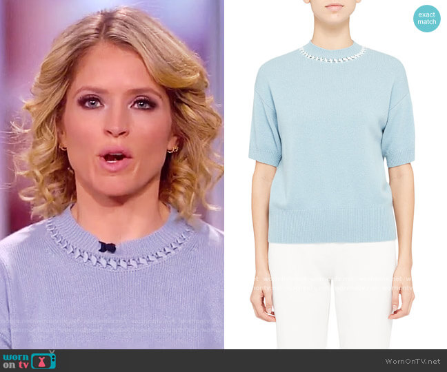Theory Cashmere Ribbon-Trim Crewneck Short-Sleeve Sweater worn by Sara Haines on The View
