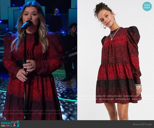 Topshop High Neck Puff Sleeve Mini Dress in red print worn by Kelly Clarkson on The Kelly Clarkson Show