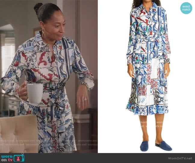 Tory Burch Floral Print Tie Neck Long Sleeve Dress worn by Rainbow Johnson (Tracee Ellis Ross) on Black-ish