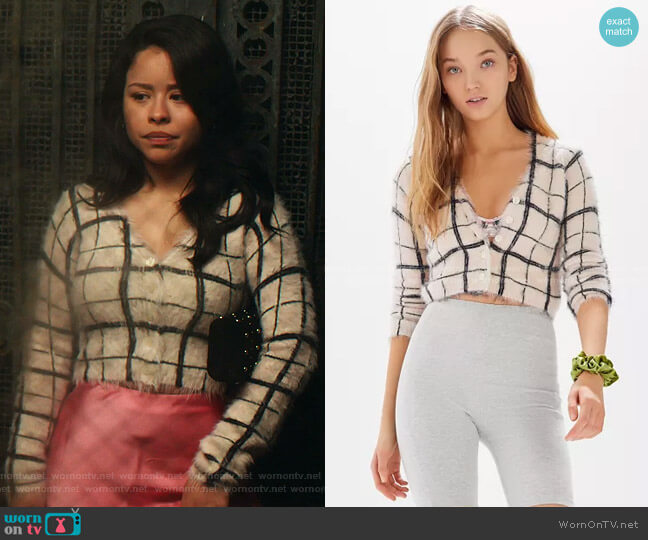 Urban Outfitters Cher Fuzzy Plaid Cropped Cardigan worn by Mariana Foster (Cierra Ramirez) on Good Trouble