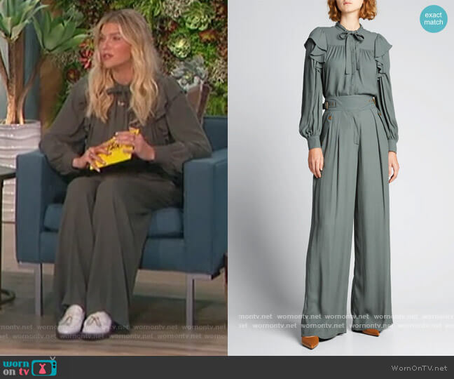 Ulla Johnson Tabitha Tie-Neck Ruffle Blouse worn by Amanda Kloots on The Talk