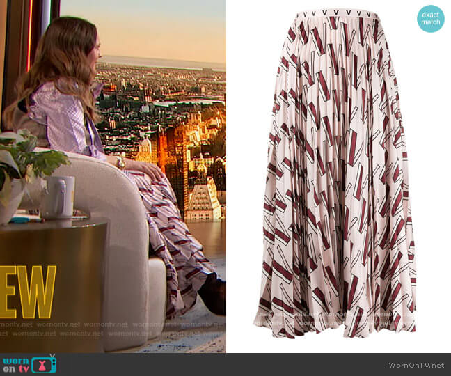 Valentino Printed Pleated Silk Midi Skirt worn by Drew Barrymore on The Drew Barrymore Show