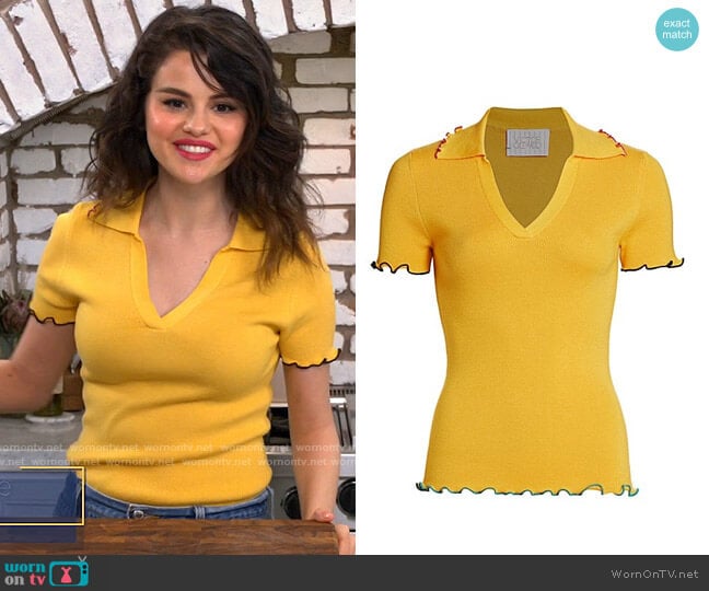 Victor Glemaud Open Neck Lettuce Edge Wool Polo Shirt worn by Selena Gomez on Selena + Chef