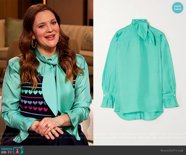 Victoria Beckham Tie-neck silk-twill blouse worn by Drew Barrymore on The Drew Barrymore Show