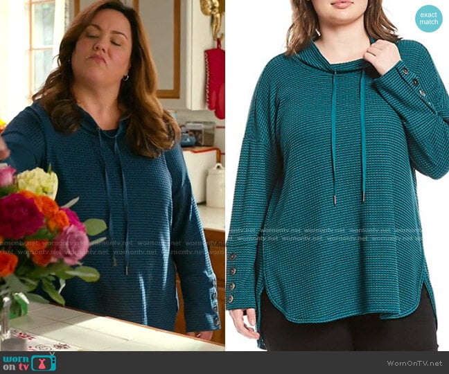 Westbound Plus Size Funnel Neck Button Cuff Waffle Knit Drawstring Top worn by Katie Otto (Katy Mixon) on American Housewife
