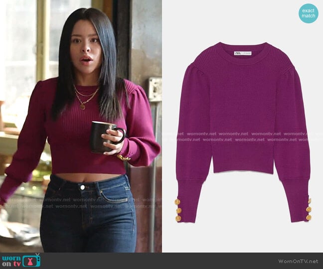 Zara Puff Sleeve Ribbed Sweater with Gold Button worn by Mariana Foster (Cierra Ramirez) on Good Trouble