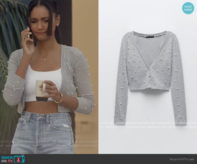 Soft Touch Cropped Cardigan with Faux Pearls worn by Layla Keating (Greta Onieogou) on All American