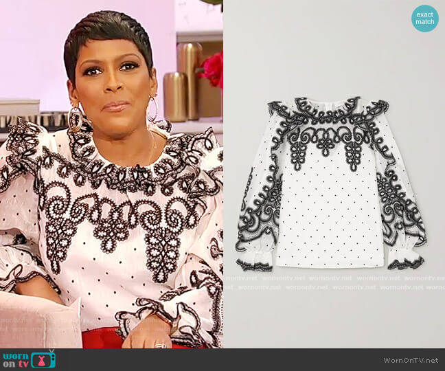 Zimmermann The Lovestruck Rope embroidered linen and silk-blend organza blouse worn by Tamron Hall on Tamron Hall Show