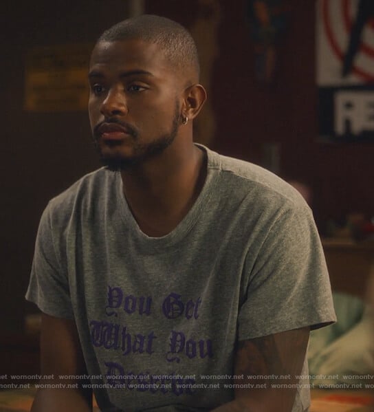 Aaron’s gray you get what you deserve print tee on Grown-ish