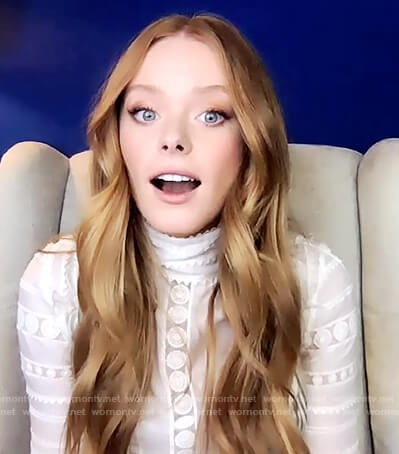 Abigail Cowen’s white lace top on The Drew Barrymore Show