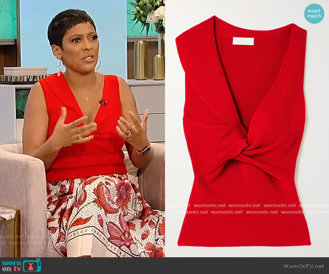 Alexander McQueen Twist-front ribbed wool top worn by Tamron Hall on Tamron Hall Show