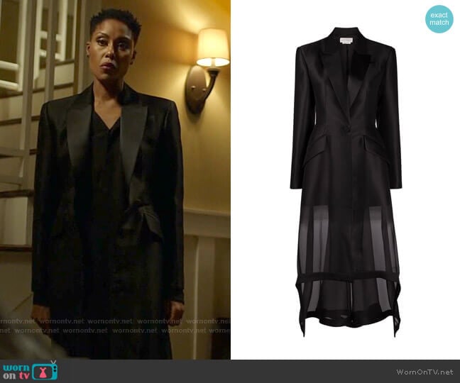 Alexander McQueen High-Low Sheer Wool-Silk Jacket worn by Lynn Stewart (Christine Adams) on Black Lightning
