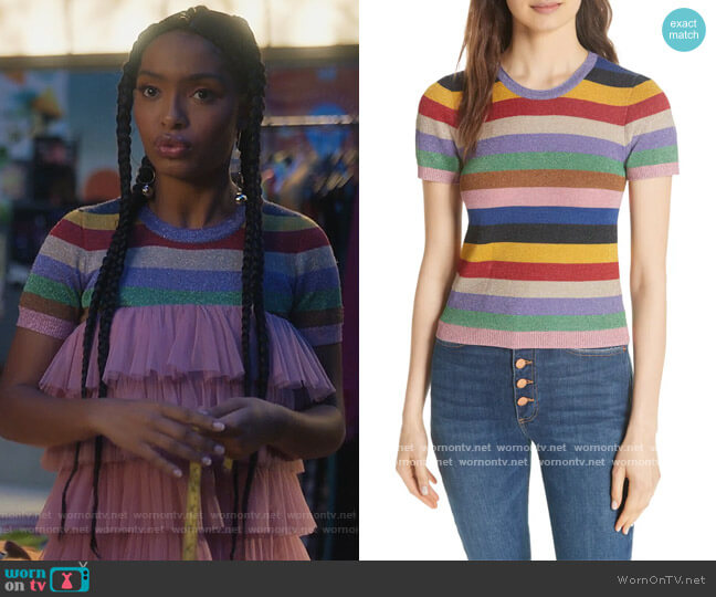 Alice + Olivia Baylor Stripe Top worn by Zoey Johnson (Yara Shahidi) on Grown-ish