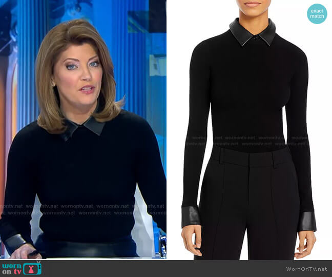Alice + Olivia Dory Faux Leather Detail Sweater worn by Norah O'Donnell on CBS Evening News