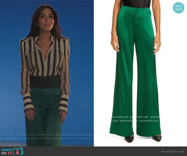 Alice + Olivia Dylan High Waist Wide Leg Satin Pants worn by Hermione Lodge (Marisol Nichols) on Riverdale