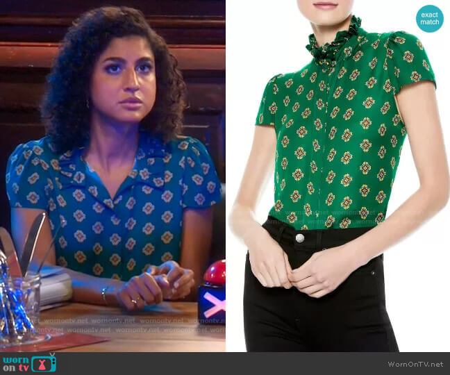 Alice + Olivia Juliette Ruffle Mock Neck Blouse worn by Mikaela Shaw (Vella Lovell) on Mr Mayor