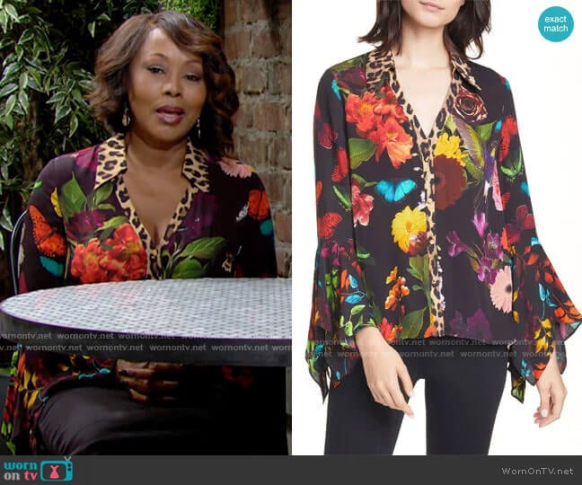 Alice + Olivia Randa Mixed Print Blouse worn by Naya Benedict (Ptosha Storey) on The Young and the Restless