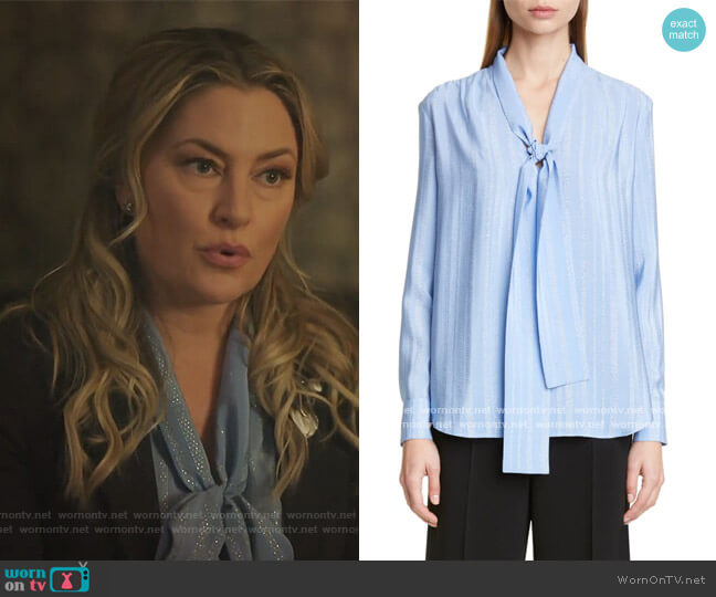 Altuzarra Metallic Stripe Tie Neck Blouse worn by Alice Cooper (Mädchen Amick) on Riverdale