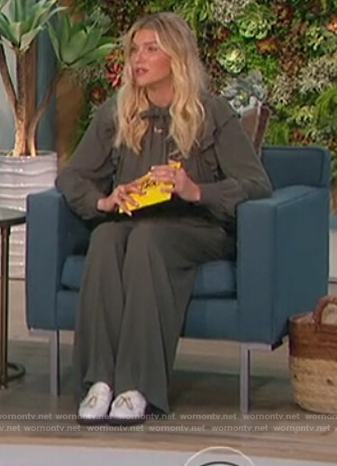 Amanda’s gray ruffle tie neck blouse and pants on The Talk